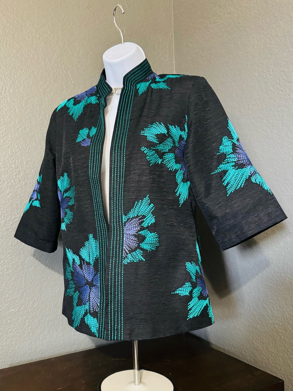 Embellished Black Floral Evening Jacket - Teal & purple